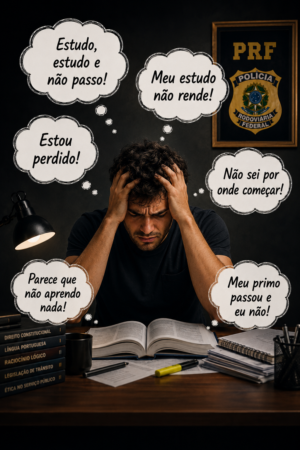 Concurseiro desesperado com pensamentos em balões