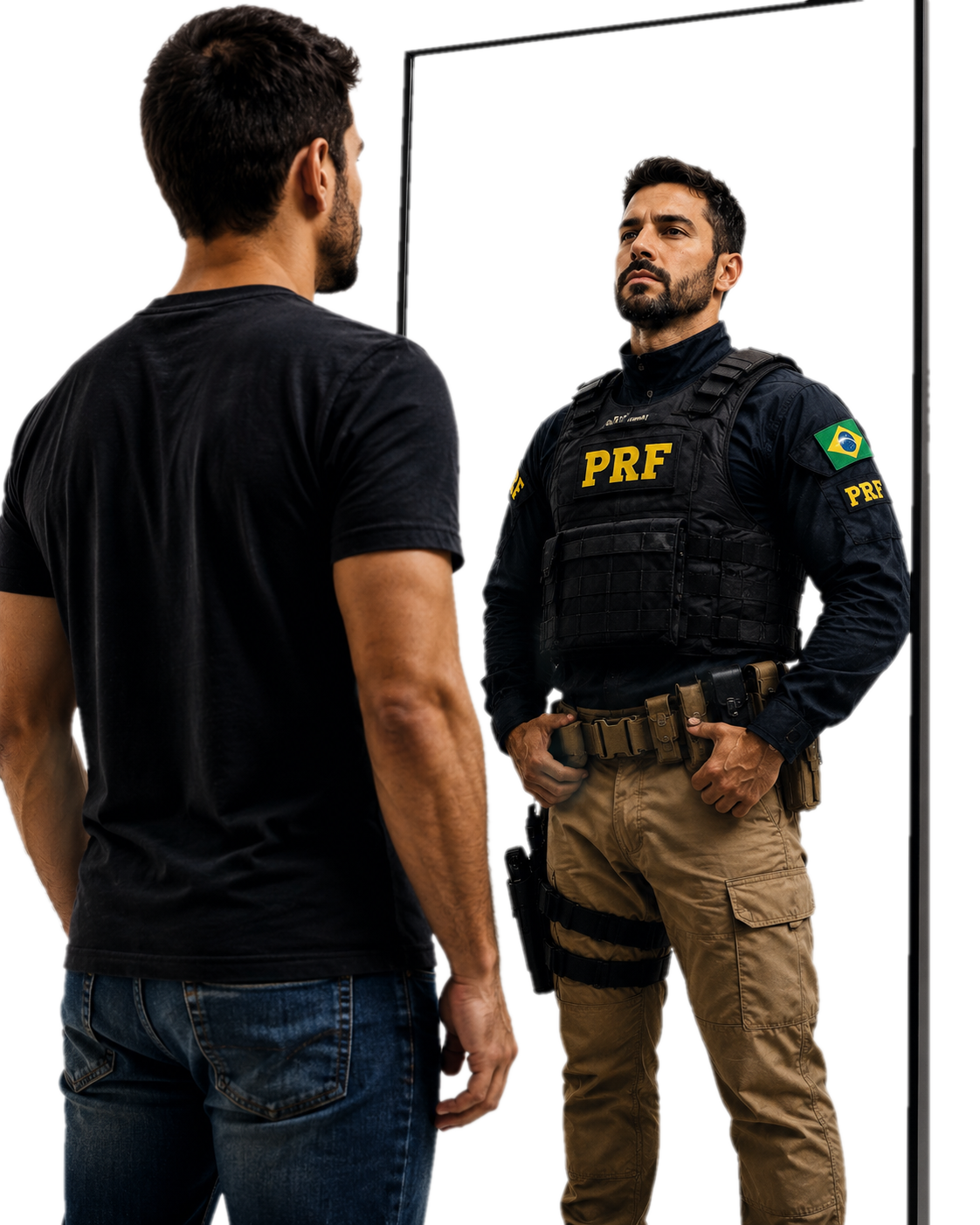 Homem se vendo como Policial Rodoviário Federal no espelho